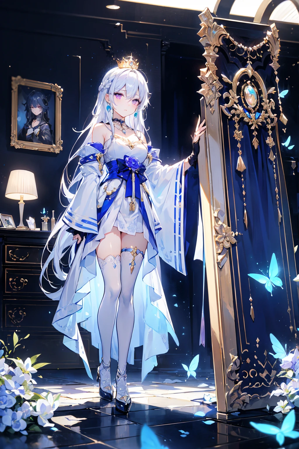 (masterpiece,  best quality : 1.4),  detailed background, White Crystal, Crystal Cluster,  long hair, Jewelry, earrings, necklace, crown, bride, White hair, Halo, (Overlooking),  dynamic angle, Super Fine, illustration, close up, Direct observation, 1 Girl, (fantasy: 1.4), ( Purple Eyes : 1.233),  她的眼睛像dream般的星星一样闪耀 , (Glowing eyes: 1.233), ( beautiful and delicate eyes : 1.1), (Silver Hair: 1.14), ( messy hair, Very  long hair,  French braid ,  hair between eyes , Side hair), (+(Blue-haired : 1.14)), (Chiffon Dress,   uniform blue flower pattern  )/= (military uniform: 1.24), (Separate sleeves, Wide sleeves), (Fingerless gloves), choker, (Miko thigh high socks), High heel boots, (No Expression, Residence), (Standing), ( classical princess boudoir with dressing table floor-to-ceiling windows, white quaint palace), (White flowers, bloom), (deep sea), (Running Water), (Dark blue world tree:1.14),(ruins),(night:1.2),dream,soul,( fluorescent ),(  with flying translucent blue butterflies  :1.15),[Slender fingers and hands:0.55]::0.85], ( s's t light ), (yubao:0.5)