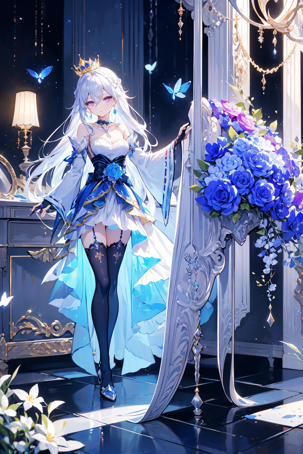 (masterpiece,  best quality : 1.4),  detailed background, White Crystal, Crystal Cluster,  long hair, Jewelry, earrings, necklace, crown, bride, White hair, Halo, (Overlooking),  dynamic angle, Super Fine, illustration, close up, Direct observation, 1 Girl, (fantasy: 1.4), ( Purple Eyes : 1.233),  她的眼睛像dream般的星星一样闪耀 , (Glowing eyes: 1.233), ( beautiful and delicate eyes : 1.1), (Silver Hair: 1.14), ( messy hair, Very  long hair,  French braid ,  hair between eyes , Side hair), (+(Blue-haired : 1.14)), (Chiffon Dress,   uniform blue flower pattern  )/= (military uniform: 1.24), (Separate sleeves, Wide sleeves), (Fingerless gloves), choker, (Miko thigh high socks), High heel boots, (No Expression, Residence), (Standing), ( classical princess boudoir with dressing table floor-to-ceiling windows, white quaint palace), (White flowers, bloom), (deep sea), (Running Water), (Dark blue world tree:1.14),(ruins),(night:1.2),dream,soul,( fluorescent ),(  with flying translucent blue butterflies  :1.15),[Slender fingers and hands:0.55]::0.85], ( s's t light ), (yubao:0.5)