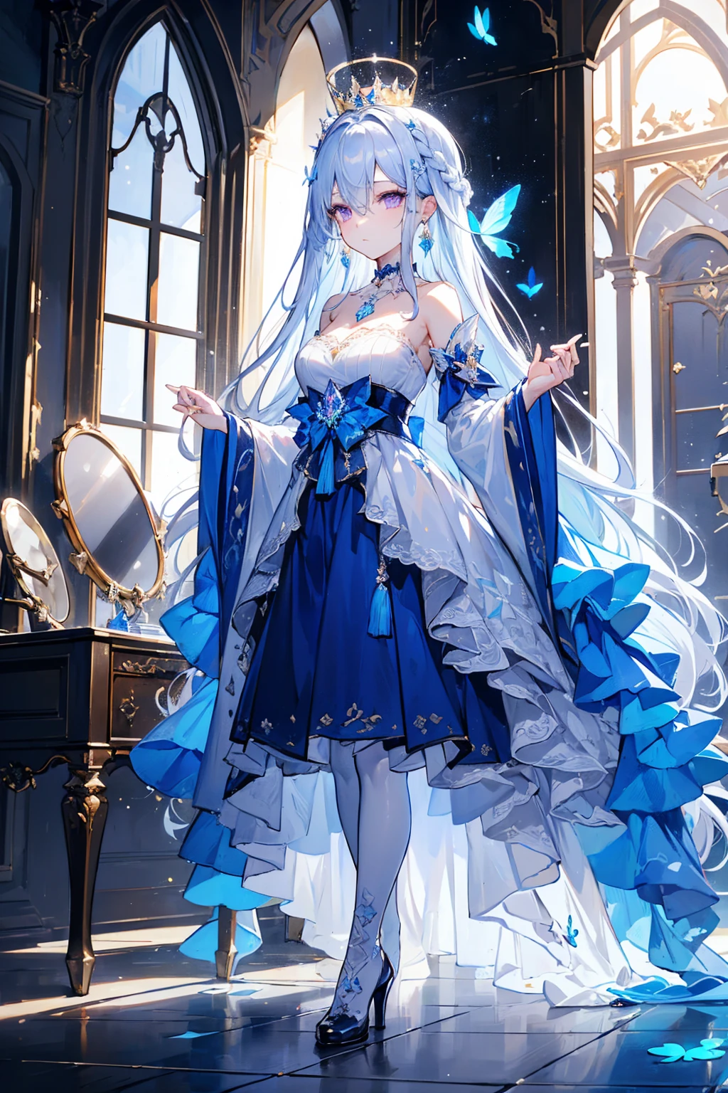 (masterpiece,  best quality : 1.4),  detailed background, White Crystal, Crystal Cluster,  long hair, Jewelry, earrings, necklace, crown, bride, White hair, Halo, (Overlooking),  dynamic angle, Super Fine, illustration, close up, Direct observation, 1 Girl, (fantasy: 1.4), ( Purple Eyes : 1.233),  她的眼睛像dream般的星星一样闪耀 , (Glowing eyes: 1.233), ( beautiful and delicate eyes : 1.1), (Silver Hair: 1.14), ( messy hair, Very  long hair,  French braid ,  hair between eyes , Side hair), (+(Blue-haired : 1.14)), (Chiffon Dress,   uniform blue flower pattern  )/= (military uniform: 1.24), (Separate sleeves, Wide sleeves), (Fingerless gloves), choker, (Miko thigh high socks), High heel boots, (No Expression, Residence), (Standing), ( classical princess boudoir with dressing table floor-to-ceiling windows, white quaint palace), (White flowers, bloom), (deep sea), (Running Water), (Dark blue world tree:1.14),(ruins),(night:1.2),dream,soul,( fluorescent ),(  with flying translucent blue butterflies  :1.15),[Slender fingers and hands:0.55]::0.85], ( s's t light ), (yubao:0.5)