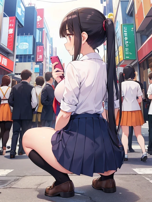 There are a lot of people standing on the street with really big butts., a hyperrealisitic , hyperrealisitic , ecchi anime style, photorealisitic anime, anime girl in real life, realisitic , hyper realisitic anime, Tokyo anime scene, anime girls, in a city street, ecchi style, 3 d anime realisitic, soft anime cg art, jacket and thong panties, exposed butt cheeks