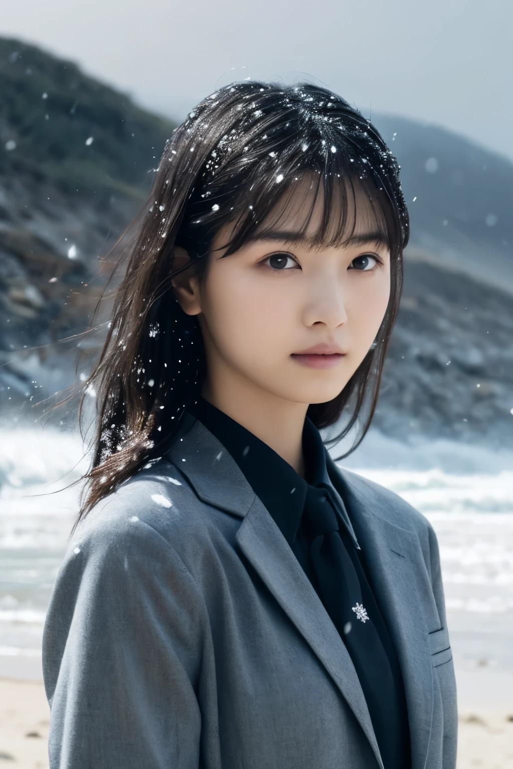 1 girl, Very beautiful portraits of Japanese idols , (White collared shirt, red tie , Wear a charcoal gray jacket),
( RAW photo best quality ), (Realistic, Realistic:1.4), (masterpiece),
Very detailed, 2k wallpaper, wonderful, finely, Very detailed, CG Unity 8k Wallpaper , Very detailed, high definition , Soft light,
A beautiful girl carefully drawn in every detail , Very detailedな目と顔, Beautiful and Elegant Nose , beautiful beautiful eyes, movie lighting,
(Bromide photography ),
(Medium hair), (Standing on the beach in winter:1.3), (Rough seas:1.4), (Powder snow falls, Snowfall, Snowfall:1.3), (Desolate atmosphere :1.4), (Dark screen of bad weather ),
perfect anatomy , 細身の体, smaller breasts, Thin legs