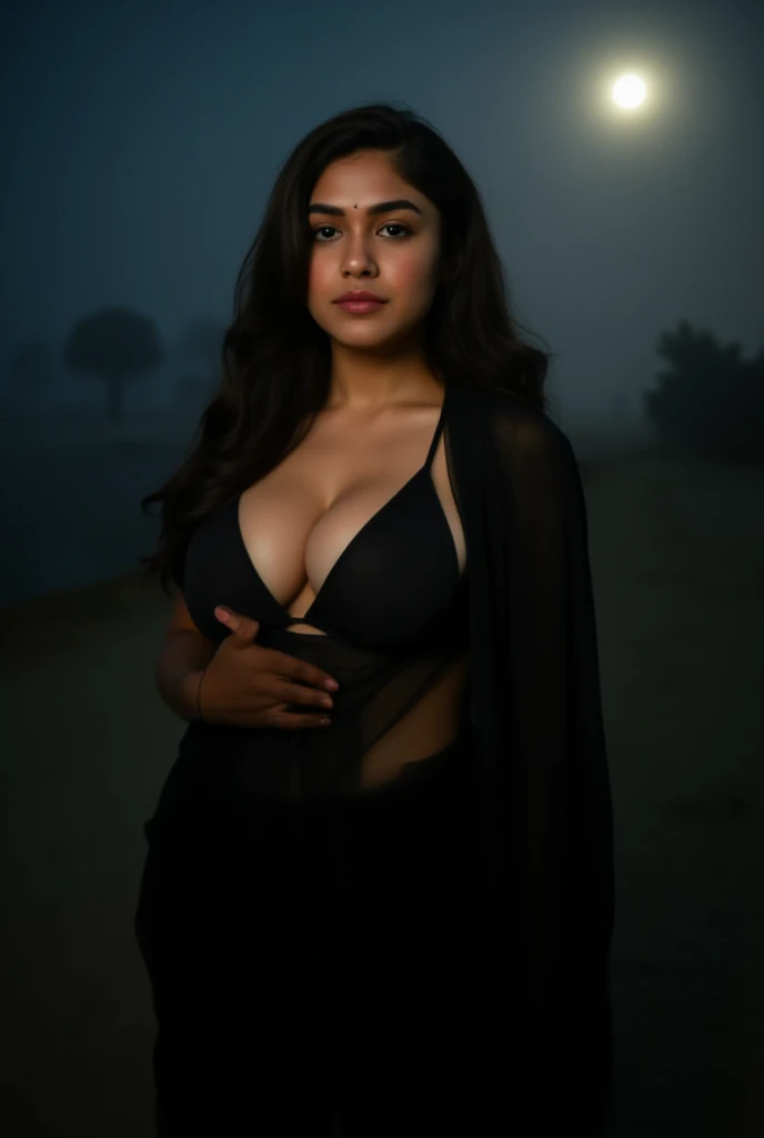 Full body,front view, indian,big boobs,curvy body,saree black,v-shaped black bra,deep cleavage,swet body,night,fog on background,moon light,standing position,High Resolution, Anatomically Correct, 