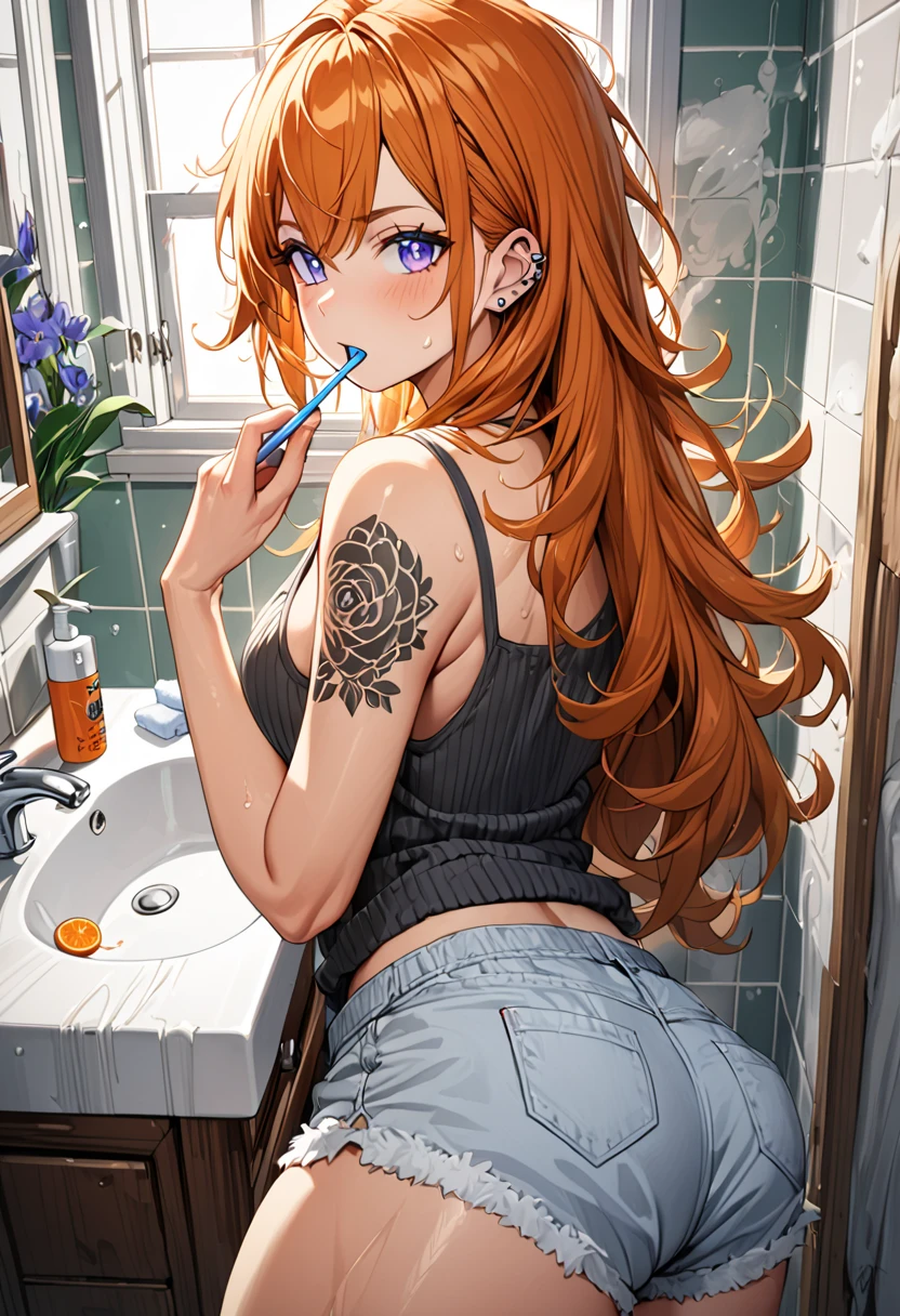 20 year old female, long orange hair, messy hair, perfect eyes, perfect silver irises, perfect pupils, thick thighs, thin ribbed tanktop, shorts, comfy clothes, many ear piercings, brushing teeth, looking back over shoulder, messy bathroom, small bathroom, highly detailed, best detail, best hands, right forearm tattoo, perfect tattoo, regular toothbrush, normal toothbrush, standing in front of sink, perfect hands
