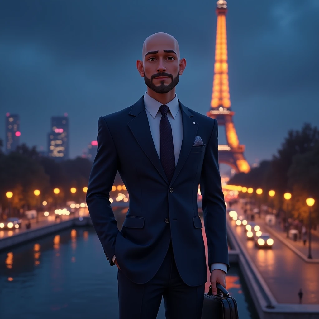 score_9, score_8_up, score_7_up, (masterpiece:1.4), (best quality:1.4), (high resolution:1.4), bald businessman, sleek tailored suit, neat beard without mustache, (confident pose:1.2), (holding a briefcase:1.1), standing, (looking at viewer:1.2), (Eiffel Tower background:1.2), vibrant Parisian night, soft streetlights, modern city skyline, (solo focus:1.1), Disney-Pixar style.