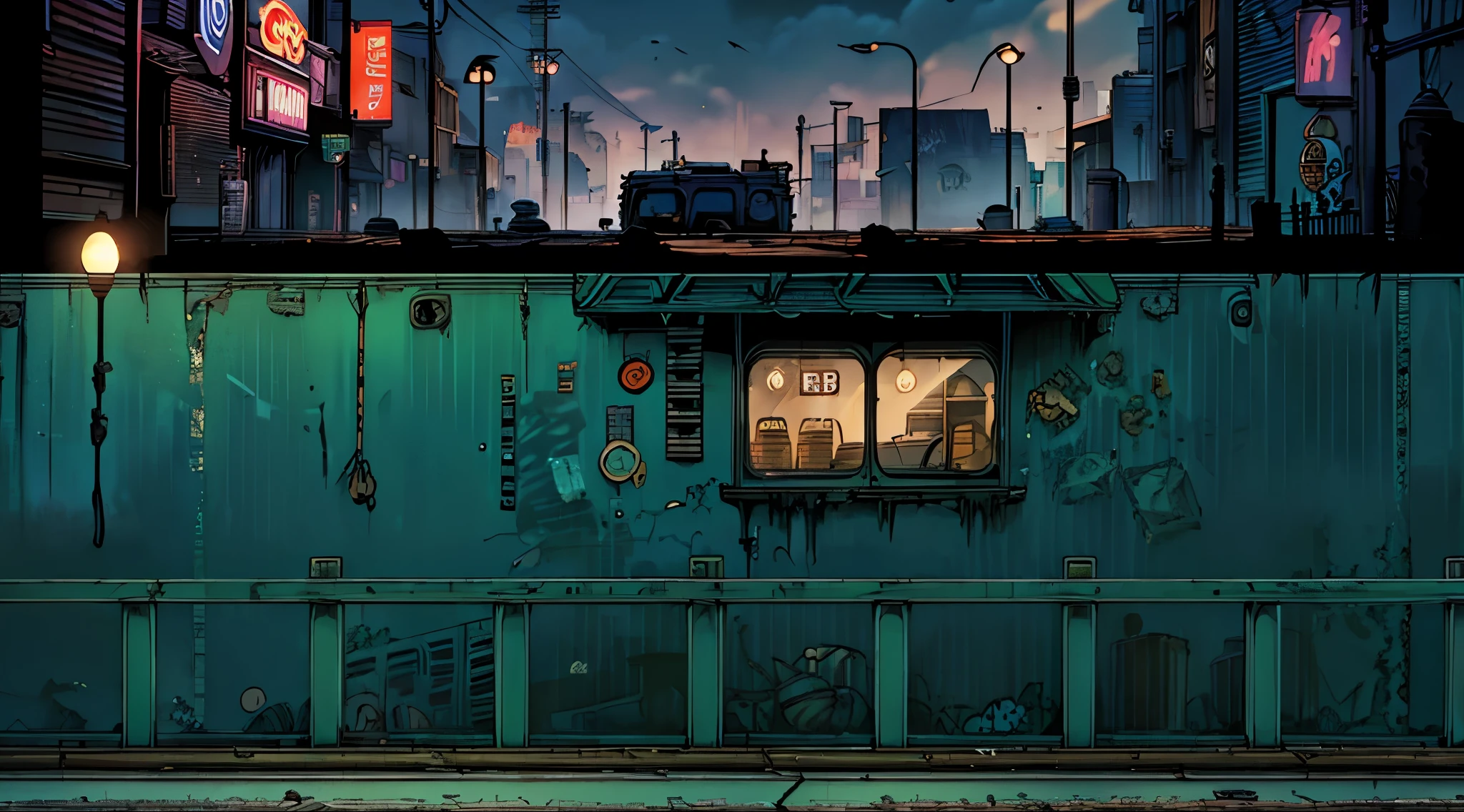 ghibli style, fence in the ruined post-apocalyptic new york times square, ((camera lateral)), ((sci fi wires going up the brick walls)), (((rusty abandomned bus car repurposed as a food store))), clothes line crossing the streets, (wasteland), graffit on the walls, urban themed fighting game scenery, (((night time))), dark clouds, street fighter scenery, trash bags in a corner, trash container in the alleyway, (humid ground with small water pools)