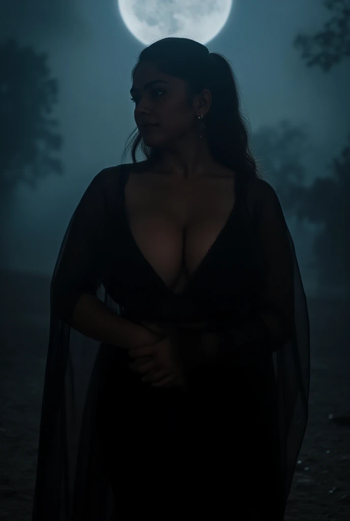 Full body,front view, indian,big boobs,curvy body,saree black,v-shaped black bra,deep cleavage,night,fog on background,moon light,standing position,High Resolution, Anatomically Correct, 