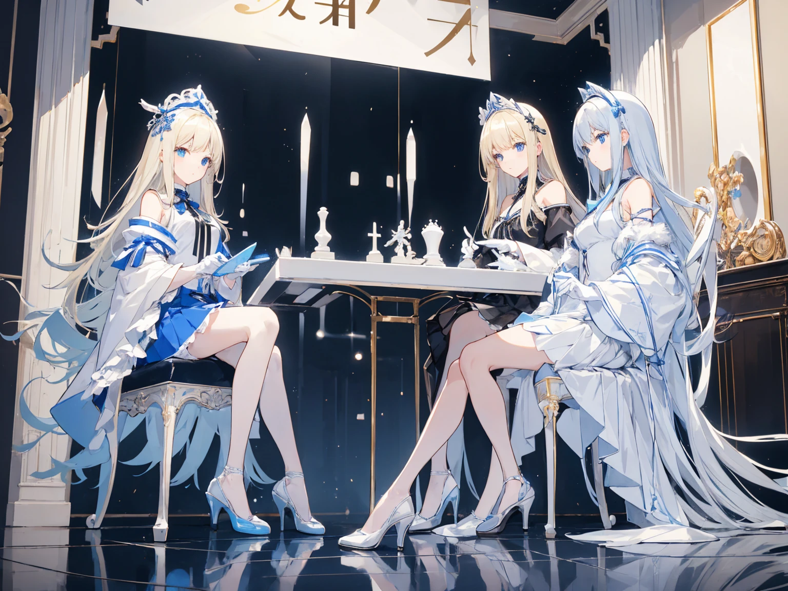 A modern living room ，Two long-haired girls 。
 One is wearing a blue and white off-the-shoulder pleated skirt ，Match it with white stockings， A blonde angel with blue heels and white gloves 。
 One is wearing a white over-the-knee dress with a high collar with fur edges， A white-haired girl with white heels and black stockings 。
Two young girls are sitting on a chair playing chess 。