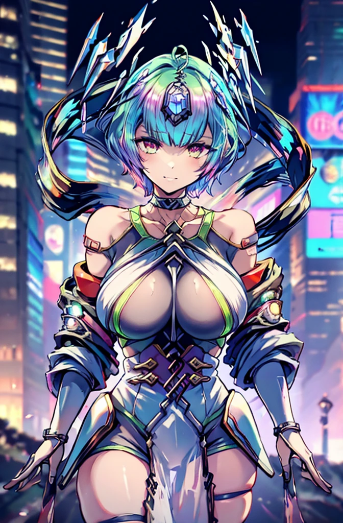 Beautiful woman, perfect eyes, looking at camera, evil smile, anti hero wearing black and red uniform, black skin,tan, short green hair, horns, (((cyberpunk city in the background))), soft bokeh of futuristic city, Intricate, High Detail, Sharp focus, dramatic and photorealistic painting art, enourmus tighs, big breast, shoulder pads, heavy chest plate, fang, giga breast