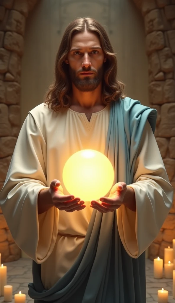 jesus holding a glowing ball in his hands, holy sacred light rays, holy energy, jesus christ, religious imagery, holy imagery, the lord and savior, second coming, visible holy aura, spiritual light, holy light, young almighty god, holy rays of spiritual light, glowing holy aura, holy and sacred, glowing god rays, divine light, god light, light of god