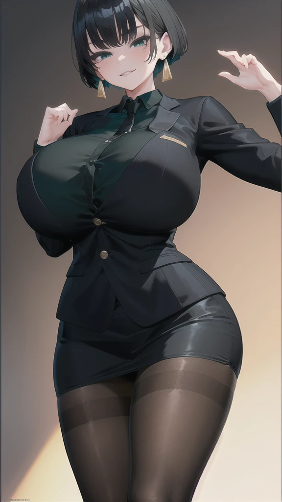 SFW, (Matte texture),　cowboy shot, 1 Secretary to support the viewer, ALLMIND, smug, naughty smile, (black hair), (short bob), earring, (green eyes), (tall and slim:1.3), (sensual body:1.25), (stocky build:1.3), (gigantic breasts), (business suit, black shirt, Fastened buttons, tight skirt, Pantyhose:1.2),  (cyberspace background), masterpiece, high quality, high detail