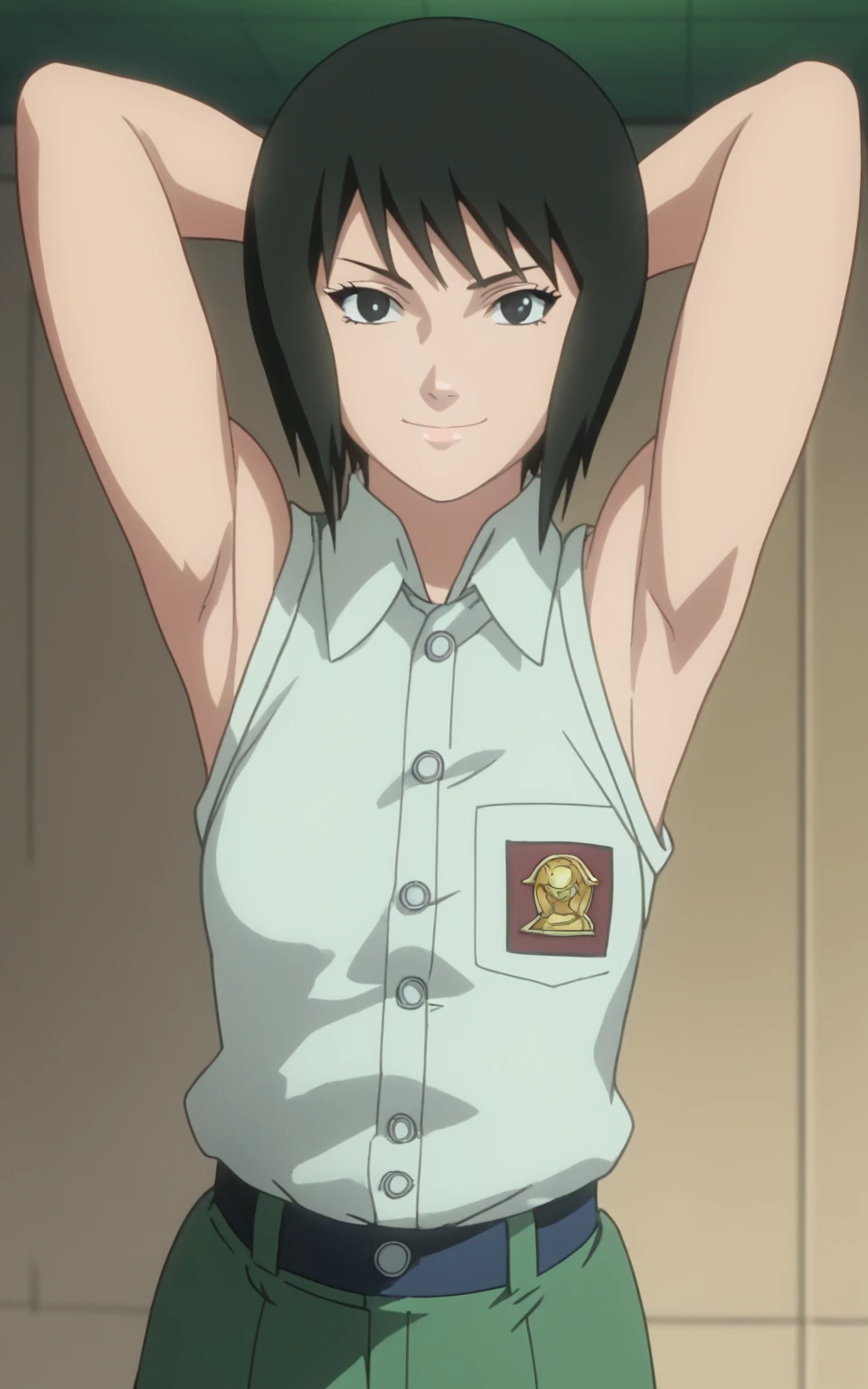 score_9, score_8_up, score_7_up, source_anime, anime screencap, 1girl, solo, shizune, mature, short hair, indonesian highschool outfit, sleeveless shirt, collared shirt, buttons, sleeveless, bare shoulders, bare arms, arms behind head, armpits, flat breasts, from above, looking at viewer, head towards viewer, smile, closed mouth, badhandv4, indoors 