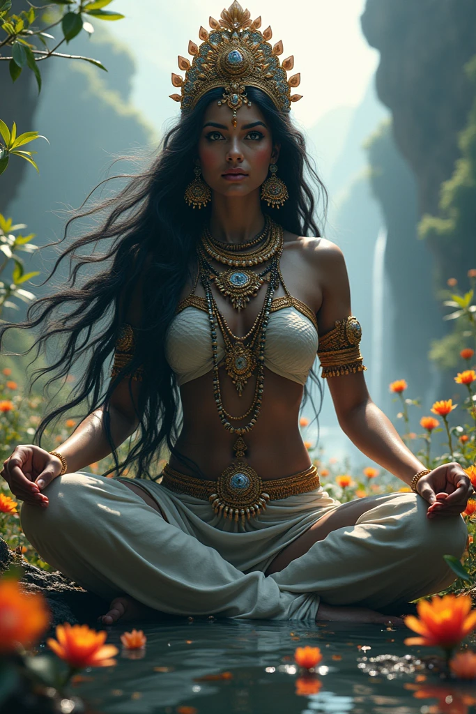 Young tantric priestess with tattoos and percings on her body meditating on a mountain --auto
