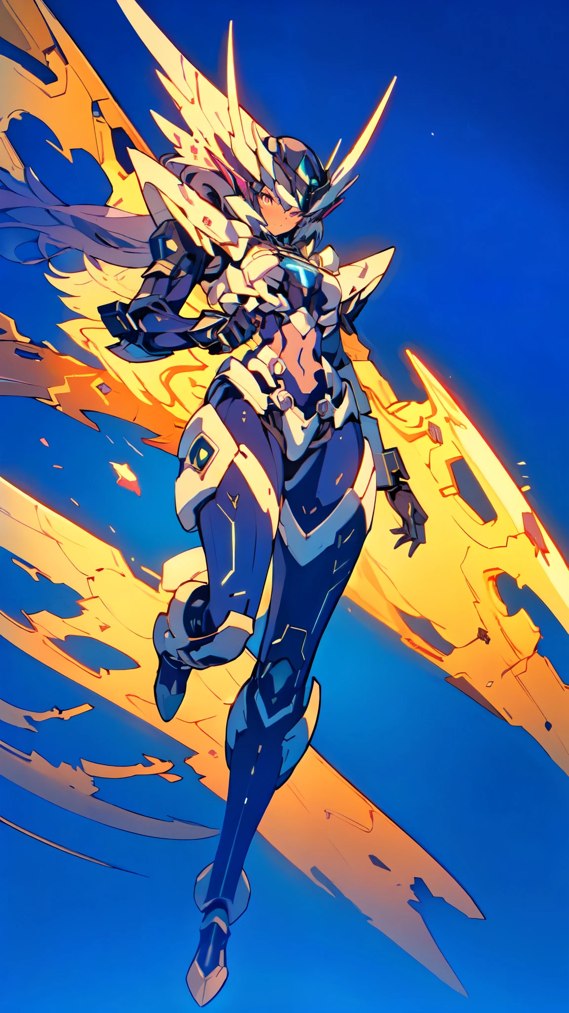 WZRYnvwaYP,1girl,solo,armor,ponytail,breastplate,helmet,long hair,breasts,shoulder armor,blonde hair,lips,belt,cityscape,night,mature female,pool,covered eyes, hand on hip, gloves,