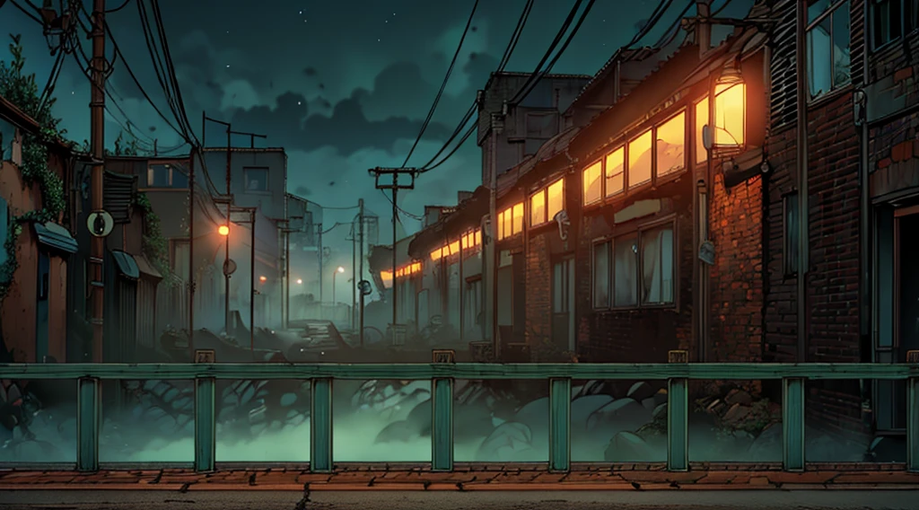 ghibli style, fence in the ruined post-apocalyptic street, ((camera lateral)), ((rusty pipes going up the brick walls)), (((rusty abandomned bus car))), clothes line crossing the streets, (wasteland), graffit on the walls, urban themed fighting game scenery, (((night time))), dark clouds, street fighter scenery, trash bags in a corner, trash container in the alleyway, (humid ground with small water pools)