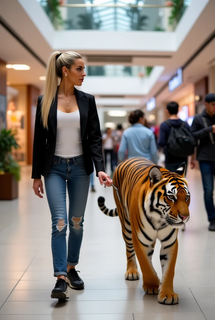 AutumnDollxo walking her pet tiger on a leash through a bustling shopping mall. She is dressed casually but stylishly, wearing jeans and a chic blazer. Her long platinum blonde hair is pulled back into a sleek ponytail, and she carries a confident, poised expression. The tiger, large and majestic with vibrant orange and black stripes, walks calmly by her side. The mall setting is lively with shoppers, showcasing a variety of storefronts and decorative indoor plants. The focus is on the unusual yet harmonious bond between the woman and her exotic pet, drawing curious glances from onlookers. The image should capture the dynamic interaction of this unique duo in a public, urban environment.