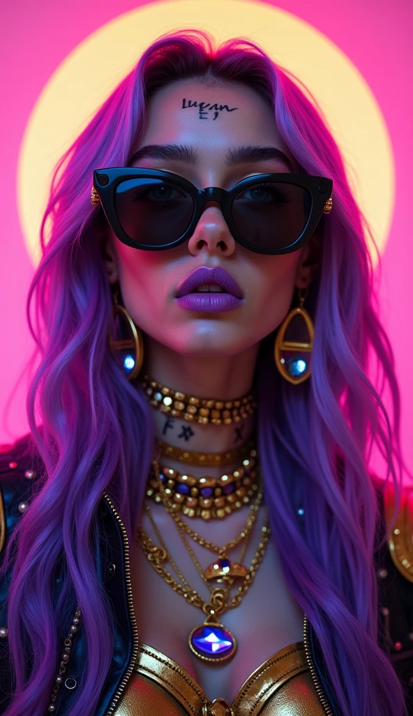 Photo of lady gaga dressed with nugr robotic print,4K texture, long hair, high quality, extravagant hairstyle, original album cover, 8k image, futuristic, high image quality, at night, hair accessories, 8k image, realistic face in high quality, full body, different body poses, high quality face, defined features,HD