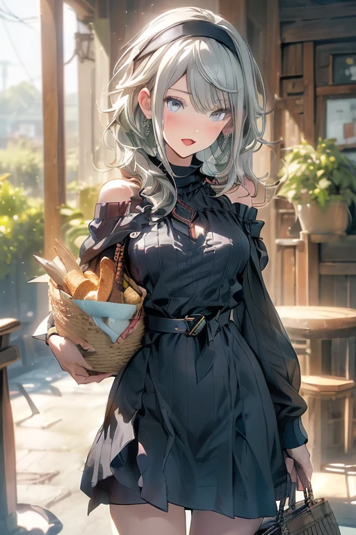 (perky chest:1.2), (pointed chest:1.2),(((Black Tunic:1.3))),(((cakes and bread in the basket),Cute and beautiful girl,Cute round face,Cute smile,with blush cheeks,Red Lip,solo, looking at viewer, open mouth, have a cute grass of cute beergrass,black hair, dark green eyes, dress, bare shoulders, jewelry, collarbone, sidelocks, hairband, earrings, indoors, off shoulder, sweater, arms behind back, plant, short hair with long locks, gild hairband, off-shoulder dress, sweater dress, off-shoulder sweater, black sweater, dark gord hair, big side hair, very long side hair,is rendered in (masterpiece: 1.2, best quality), with (ultra high resolution) and an exquisite (depth of field),(Bangs are see-through bangs),hair pin,hair adornments,detailed clothes features,Detailed hair features,detailed facial features,(Dynamic angles),(Dynamic and sexy poses),Cinematic Light,(masutepiece,top-quality,Ultra-high resolution) ,(The 8k quality,Anatomically accurate facial structure,),(Sea Art 2 Mode:1.3),(Image Mode Ultra HD) ,(Hold a coffee in your hand:1.3),delicate beautiful face, Bright blue eyes, cute eyes, sparkling eyes, Big eyes, (perky chest:1.1), (pointed chest:1.3), looking at viewer,
