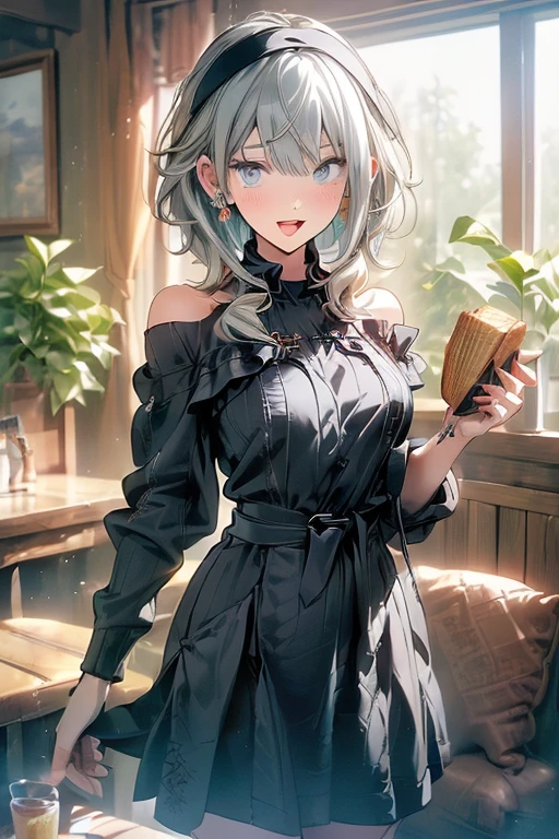 (perky chest:1.2), (pointed chest:1.2),(((Black Tunic:1.3))),(((cakes and bread in the basket),Cute and beautiful girl,Cute round face,Cute smile,with blush cheeks,Red Lip,solo, looking at viewer, open mouth, have a cute grass of cute beergrass,black hair, dark green eyes, dress, bare shoulders, jewelry, collarbone, sidelocks, hairband, earrings, indoors, off shoulder, sweater, arms behind back, plant, short hair with long locks, gild hairband, off-shoulder dress, sweater dress, off-shoulder sweater, black sweater, dark gord hair, big side hair, very long side hair,is rendered in (masterpiece: 1.2, best quality), with (ultra high resolution) and an exquisite (depth of field),(Bangs are see-through bangs),hair pin,hair adornments,detailed clothes features,Detailed hair features,detailed facial features,(Dynamic angles),(Dynamic and sexy poses),Cinematic Light,(masutepiece,top-quality,Ultra-high resolution) ,(The 8k quality,Anatomically accurate facial structure,),(Sea Art 2 Mode:1.3),(Image Mode Ultra HD) ,(Hold a coffee in your hand:1.3),delicate beautiful face, Bright blue eyes, cute eyes, sparkling eyes, Big eyes, (perky chest:1.1), (pointed chest:1.3), looking at viewer,
