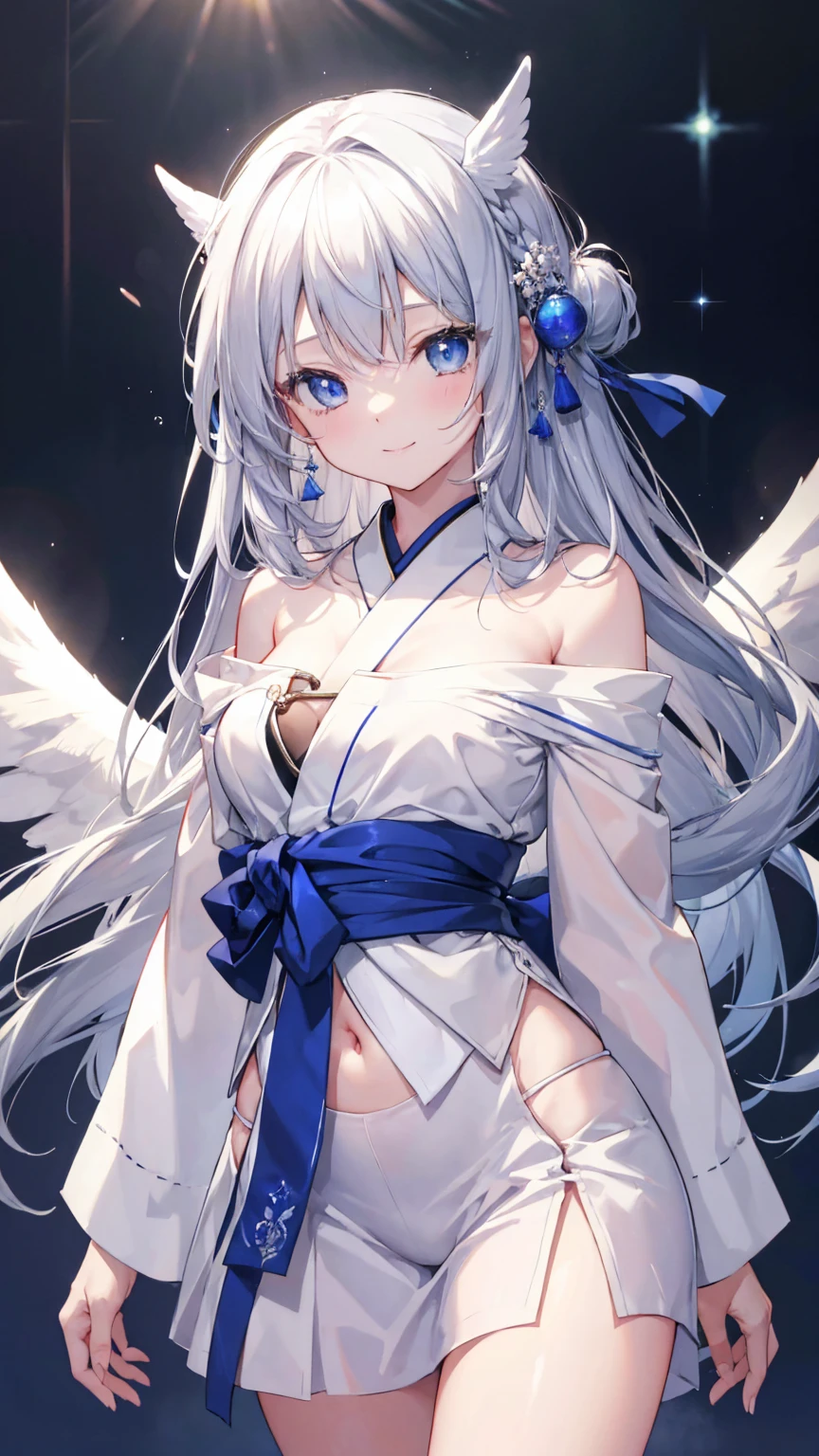 Very long hair、Silver Hair、Detailed sparkly eyes、Blue Eyes、Three pairs of angel wings、smile、Embarrassing、緊張したsmile、anime、Motion Blur、shine、reflected light、Film Grain、masterpiece、Textured Skin、Super Detail、High Detail、high quality、最high quality、High Resolution、16k、shine、naked、Belly button、Shoulder