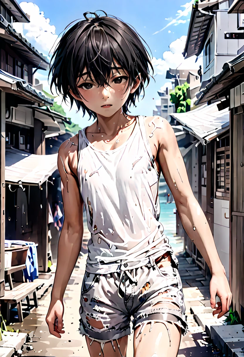 (highest quality, 4K. photograph, Fine:1.4), (A little Japanese boy in rags:1.4), Drifting Boy, Boy in Distress, very handsome, Seaside, Ragged black hair, (Heavily stained and tattered white nylon shorts:1.2), Very handsome:1.2, I can see her thighs:1.2, Full of bruises, Half naked, (Heavily soiled and tattered white underwear:1.2), covering one&#39;s chest with one&#39;s arms, Sleeveless, (裂けてI can see her thighs白いタンクトップ:1.2), Dressed like a homeless person, Muddyの靴, Walking while crying, Deserted Island, Washed ashore, Belly button, The whole body is dirty, A badly ripped white tank top, Like a wild , Muddy, Tattered white clothes:1.2, Heavily ripped white nylon shorts, barefoot, Full body video:1.2,abs,underpants,bulge