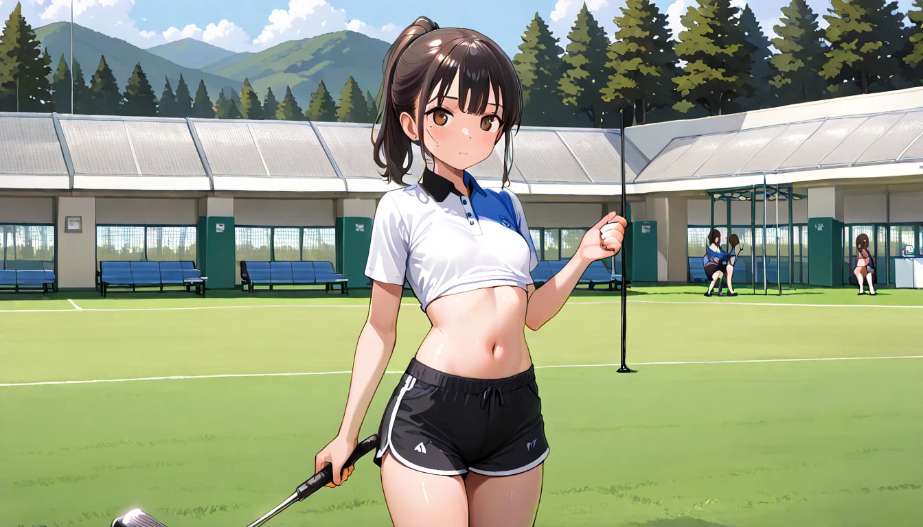 ((top quality)),((masterpiece)),((perfect face)),(ultra-detailed),ultra high res, 8k, 2girls, golf court, golf club, caddy, exquisite, cowboy shot, (very aesthetic:1.2), (absurdres:1.2), (detailed background),newest, perfect anatomy,