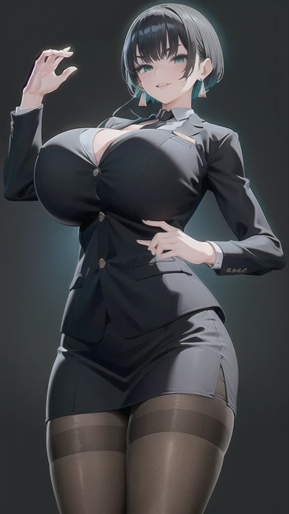 SFW, (Matte texture),　cowboy shot, 1 Secretary to support the viewer, ALLMIND, smug, naughty smile, (black hair), (short bob), earring, (green eyes), (tall and slim:1.3), (sensual body:1.25), (stocky build:1.3), (gigantic breasts), (business suit, black shirt, Fastened buttons, tight skirt, Pantyhose:1.2),  (cyberspace background), masterpiece, high quality, high detail