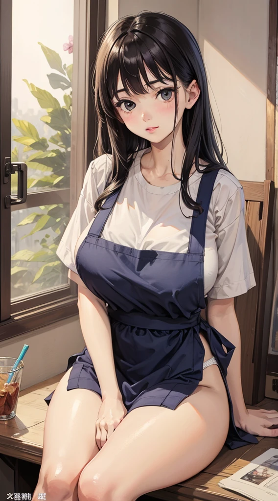 Big breasted girl wearing overalls with no panties or bra