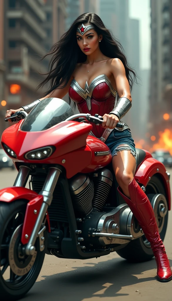 (((In extreme close-up, a beautiful woman riding a high-powered futuristic motorcycle))),(((Wonder Woman Scale Onesie (((Suit that covers your entire body))),(((Corset rojo Wonder Woman))),(((Black hair gathered in a braided ponytail))),((((Hair six feet long blowing in the wind)))Silver metal diaema with a red star on its forehead Long silver bracelets Long red boots above its knees Blood around it (((cursed cemetery))),(((Bloody and terrifying images of a high-displacement red motorcycle with Wonder Woman logos)))
