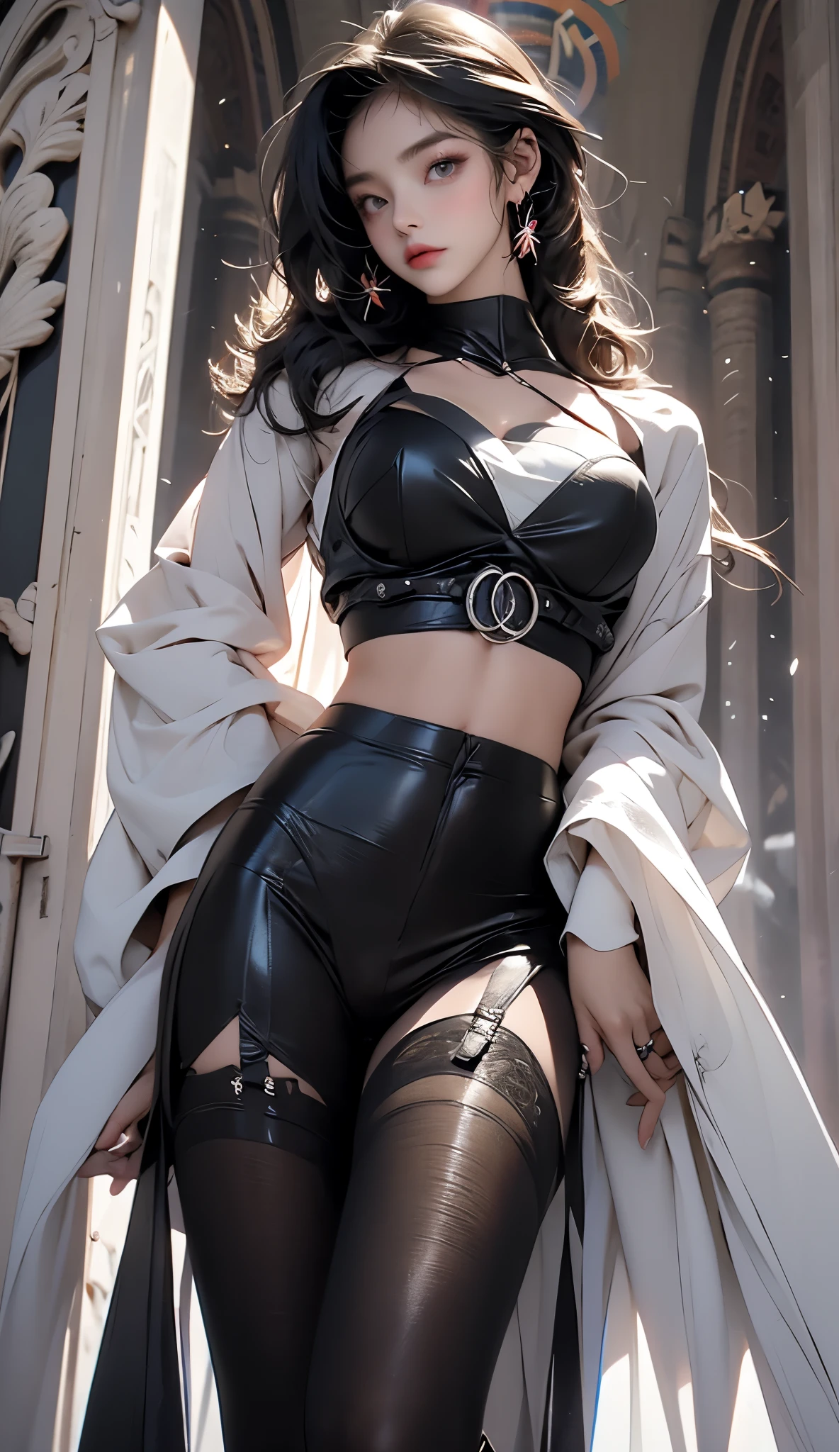 A very sexy and beautiful asian girl,A very mature and beautiful girl,Sexy mature royal sister,Royal sister temperament,Supermodel temperament,asian aristocrat气质,Alone,in ancient palace,European antique style bedroom decoration,patent leather trousers,White crop top camisole,patent leather coat,Street attire,asian aristocrat女生,Patent leather high heeled boots,ear nipple ring,choker necklace,(An extremely delicate and beautiful work:1.1)a very sexy and beautiful woman,Have perfect body proportions,Tight body lines,S-shaped body,Sexy and perfect body curves(plum),moist skin feeling,clear skin texture(Advanced skin details:1.1)supermodel perfect face,Sexy red lips,Enchanted smile,exquisite facial features,Long dark purple hair,Dark purple clear and delicate hair texture(Quality hair details:1.1),Red pupils,Clear and refined eye details,Beautiful and sophisticated eye makeup,(Advanced eye detail:1.1)The optimal ratio of four fingers to one thumb.Beautiful and exquisite manicure,Feet with perfectly proportioned thighs and calves,,Royal sister demeanor,Royal Sister Series,asian royal girl,asian aristocrat,patent leather trousers,Black series,White midriff-baring vest series,patent leather coat系列,Patent leather series,Long dark purple hair系列,Real Photographics,Perfect artwork,Hyper Real的复杂细节,BestWorks,Best Picture Quality,ultra - detailed,Very high resolution,Full body photography of one person,Hyper Real,Cover photo,profesional lighting ,Professional dimming,Perfect Goddess,Exquisite details、Complex works,Very sexy and mature girls photography,Photography of a beautiful woman