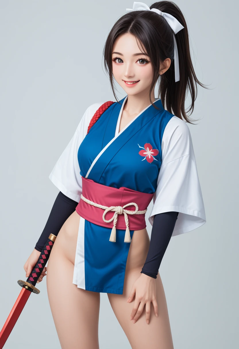 Adult Girl, Short black hair, High Ponytail, Brown eyes, , Blue ninja kimono, uhd,No sleeve, Below zero, cold, ice, Blizzard, Battle Axe, masterpiece, high quality, 4K, High resolution, Well-made down to the last detail,sfw,Beautiful pose，hip up,A breathtakingly beautiful body、