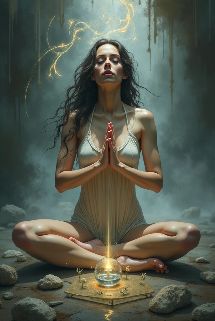 Lucy pinder, yogini, young, beautiful, completely naked, sitting cross legged, hands on knees, eyes closed, meditating, in a cave, full body view, head to toe, large breasts, long black hair , front view, daylight, realistic, shade lights, high resolution, by Louis Royo, by Boris Vallejo, by Frank Frazetta