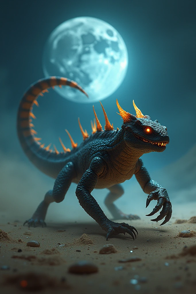 Scorpilizard
A menacing hybrid of a scorpion and a lizard, with a lizard's body, a venomous stinger, and scaled armor, crawling across a glowing desert under a full moon.