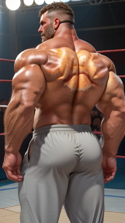 a detail shot of a bodybuilder Santa Claus flexing his back muscles, highlighting the intricacy and definition of his physique