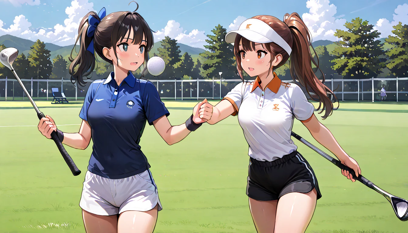 ((top quality)),((masterpiece)),((perfect face)),(ultra-detailed),ultra high res, 8k, 2girls, golfing, golf club, caddy, exquisite, cowboy shot, (very aesthetic:1.2), (absurdres:1.2), (detailed background),newest, perfect anatomy,