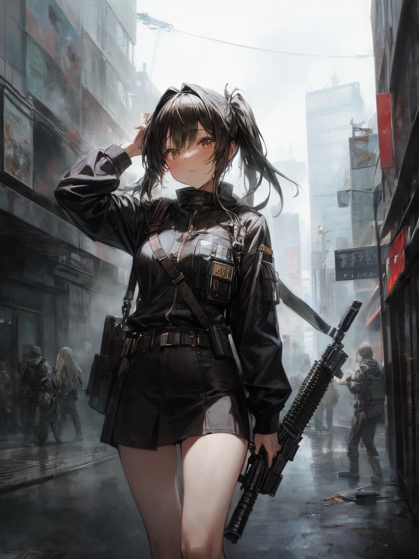 (masterpiece, highest quality:1.2)、(1 girl), (She is holding up an assault rifle:1.5), 
Female Sniper, With a Syrian sword on his back, 
In the skyscraper district of Shinjuku, Moscow, a conflict zone, On the streets of a wide city, inflammation, Floating steam, Collapsed building,   (eyes half closed)、(lots of drool:1.3)、The body shakes violently、[:(detailed face:1.2):0.2], ,  black hair twin tails , 