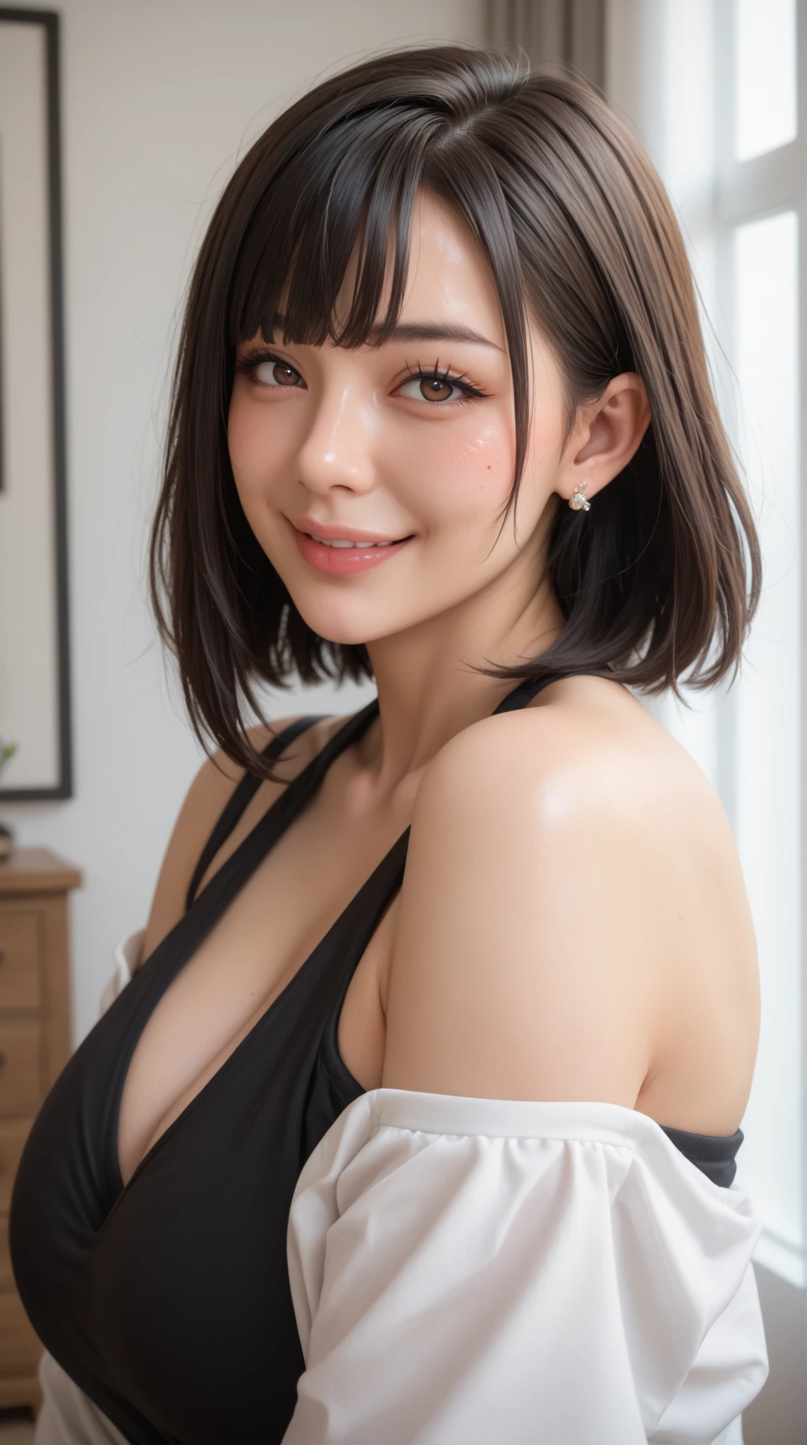 1 girl、highest quality、reality、Report、Depth of written boundary、natural soft light、daytime、attractive、beautiful face、cleanliness、pure face、white skin、cute hawk hair、bang、Light of the sun、Nedium Breast Body Esbian、((Attractive see-through costume、黄金比beautiful face、 左右対称のbeautiful face))、long neck、Show off your earrings with your lovely short bob hair、Please close your mouth and smile:1.4、Please close your mouth and smile:1.4、perfect hands指、perfect hands、perfect body、perfect face、shine a light on the eyes、perfect anatomy:1.4、very cute super model:1.4、sexual:1.4、{Huge|big breasts|Hugeな|mega} generally small breasts, cleavage