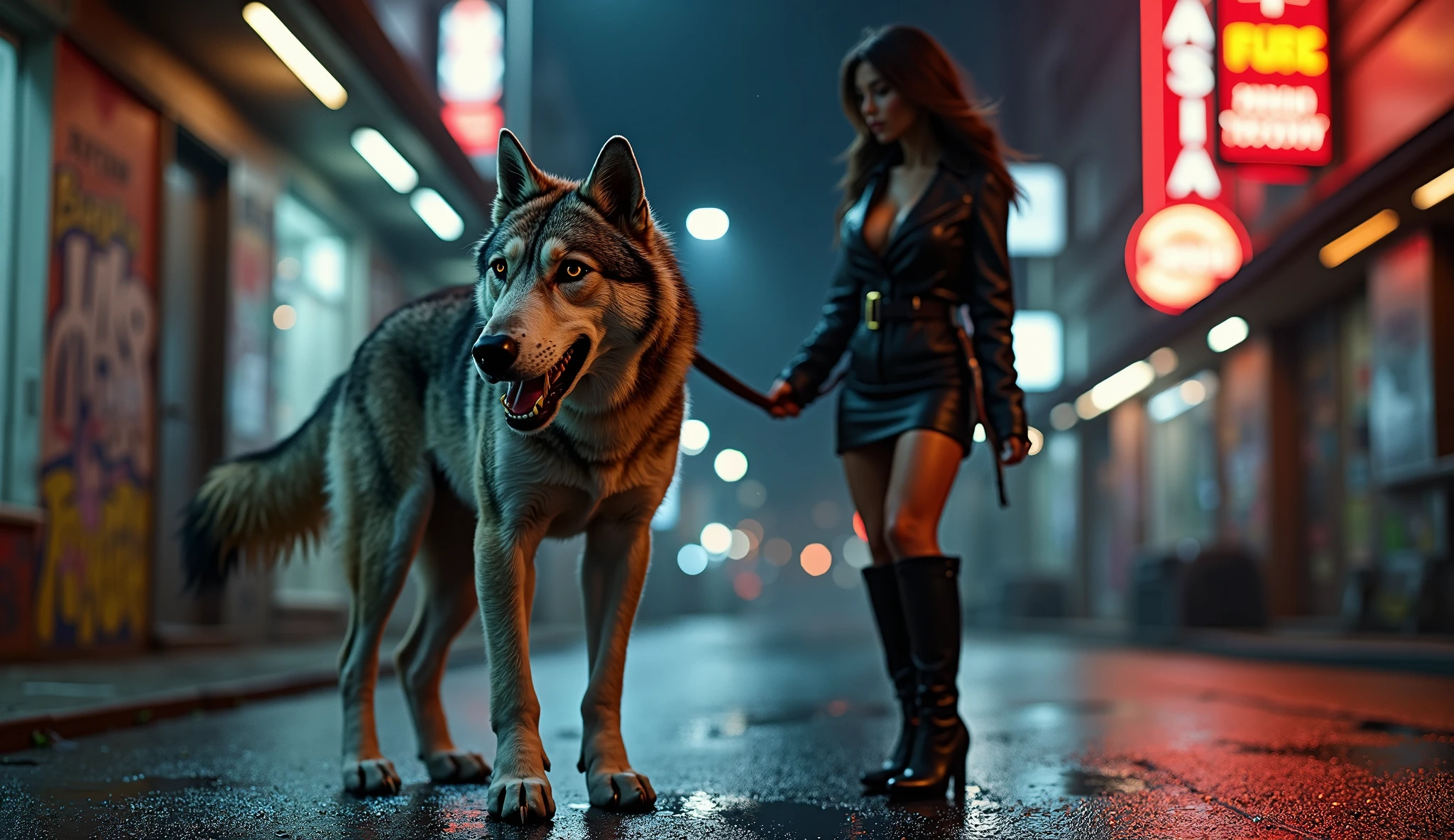 Blade Runner inspired surreal dark cyberpunk city alley as background, low angle view, black stray dog looking for food, at dark night. (1girl, solo, alone), medium-breast slim:0.6 body, oval:0.5 face, cleavage:1.1, sexy black laced bra, miniskirt, white laced panty, coat, (black micro sunglasses), (holding a short gun), (slightly leaning forward running pose), half-body thigh level medium shot, cinematic lighting, ray tracing.