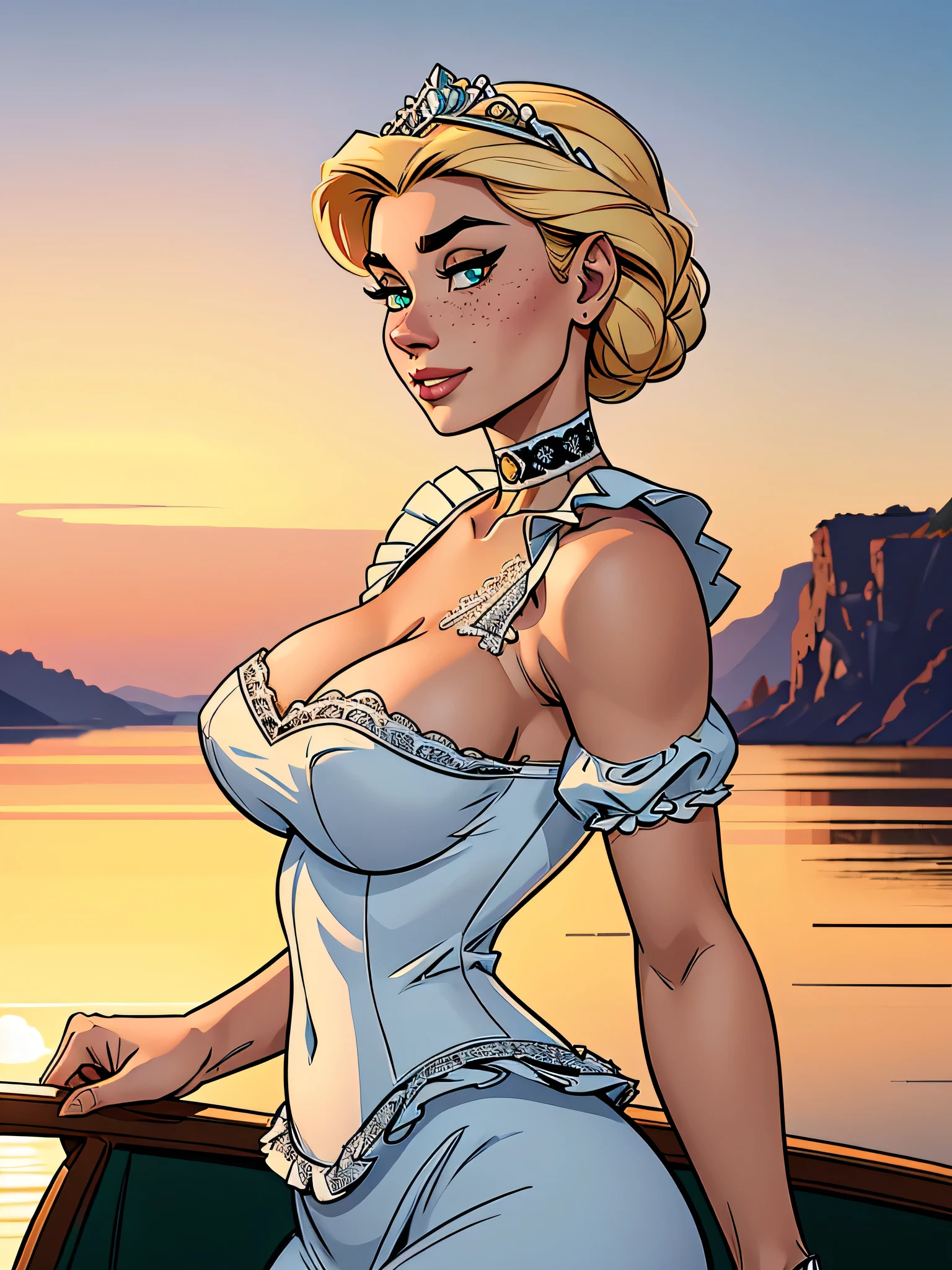 (Absurd, hq, ultra detailed, Anatomically correct , watch out for your hand ) close up of a thin and athletic woman , 25 years, 8k (( high definition)), beautiful smile, seductive look, green eyes, nose fine, wearing a long royal white dress ((lace boat neckline, with short puffy sleeves , choker and tiara)), thin waist , arms positioned on the sides of the body , white pele, blond hair ((long and straight)), standing (( American Plan , Side view)), with freckles on your chest and neck , (( giant round breasts )). Marvel style (( high definition)), sunset in the background .