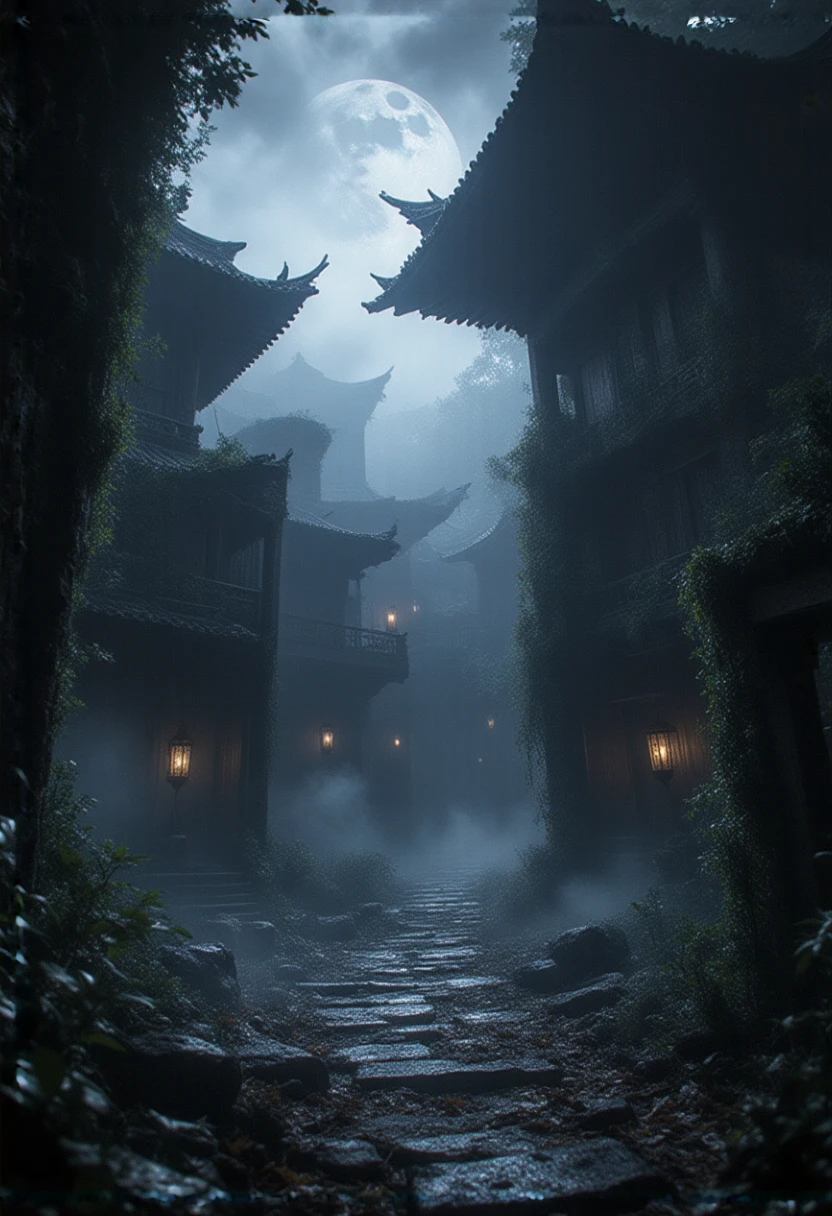 a detailed abandoned japanese village, Fatal Frame by KOEI TECMO GAMES CO., highly realistic lighting, dark and atmospheric, moody and eerie, gloomy and foreboding, old dilapidated buildings, overgrown with moss and vines, moonlight shining through broken windows, flickering candles, shadows lurking in the corners, fallen leaves covering the ground, dense fog obscuring the distance, abandoned antique furniture, cobwebs in the corners, detailed textures, intricate architectural elements, ancient japanese architecture, sense of isolation and dread, photorealistic,8k,masterpiece, third-person point of view