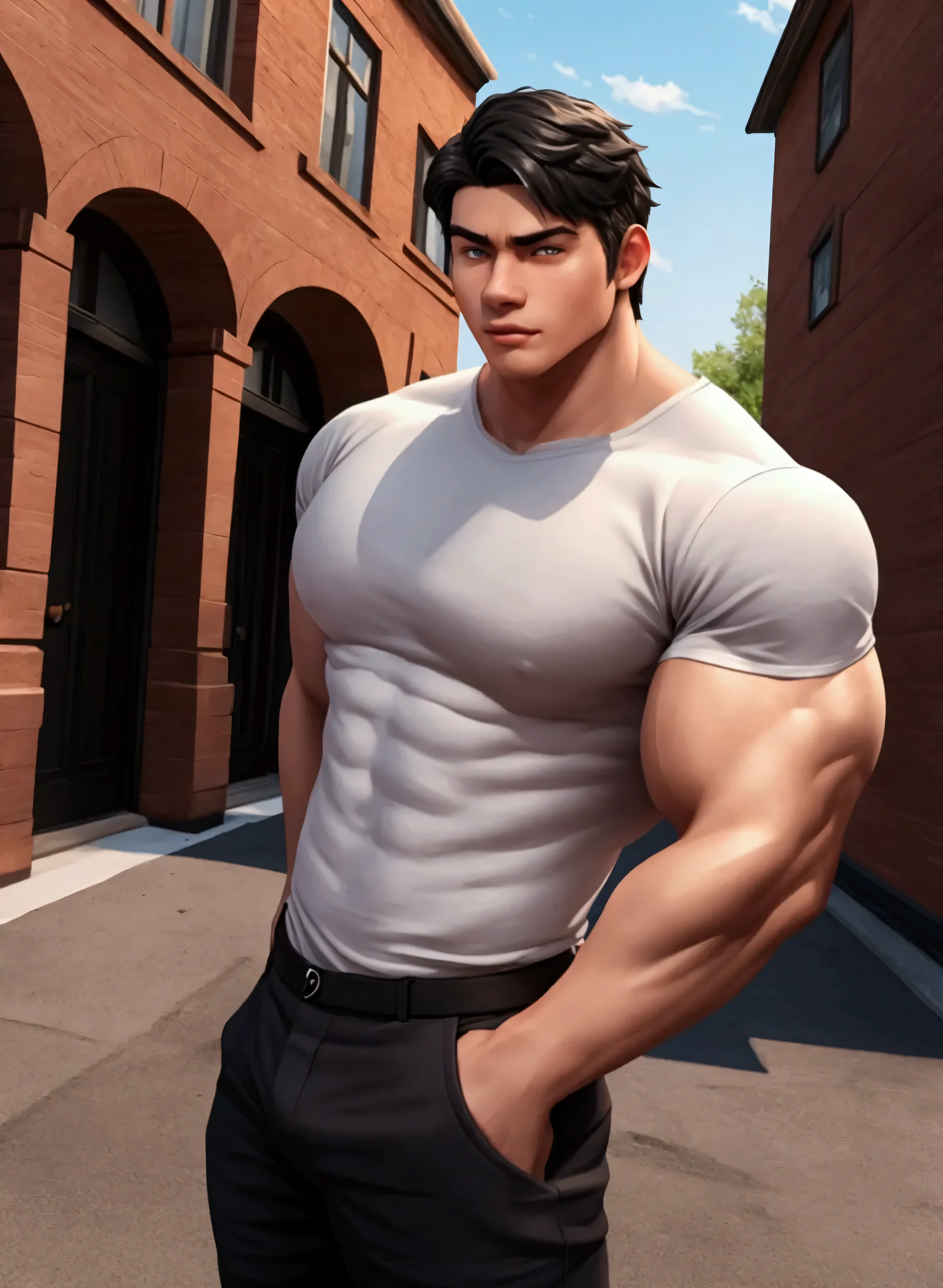 Masterpiece, Best quality, Solo, Korean man, gym background, body builder, muscle body, musculous, Natural eyes, large bulge, short detailed hair, Sexy guys, looking at viewert, top less, Black briefs, Triangle men's underwear, a little, standing, musculature