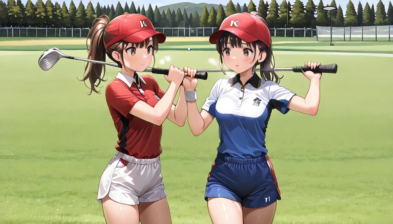 ((top quality)),((masterpiece)),((perfect face)),(ultra-detailed),ultra high res, 8k, 2girls, grassland, golfing, golf club, golf hole, caddy, exquisite, cowboy shot, (very aesthetic:1.2), (absurdres:1.2), (detailed background),newest, perfect anatomy,