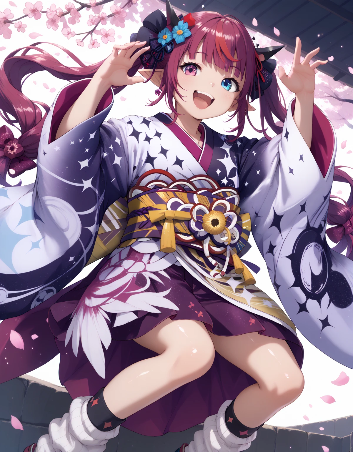 rysNewYears, heterochromia, purple eye, blue eye, twintails, hair flower, print kimono, wide sleeves, obi, loose socks, good anatomy, shiny skin, two arms, two legs, laugh, dynamic pose, (looking at viewer), Shiny, skin,