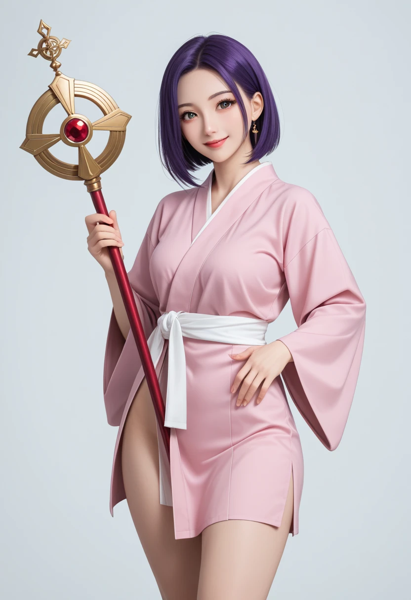 Ayane, purple hair, (best quality, ultra-detailed), (realistic:1.37), beautiful and detailed face, ultra-realistic texture, delicate face, delicate body, red lipstick, bright colors. high definition, 8K, well defined legs