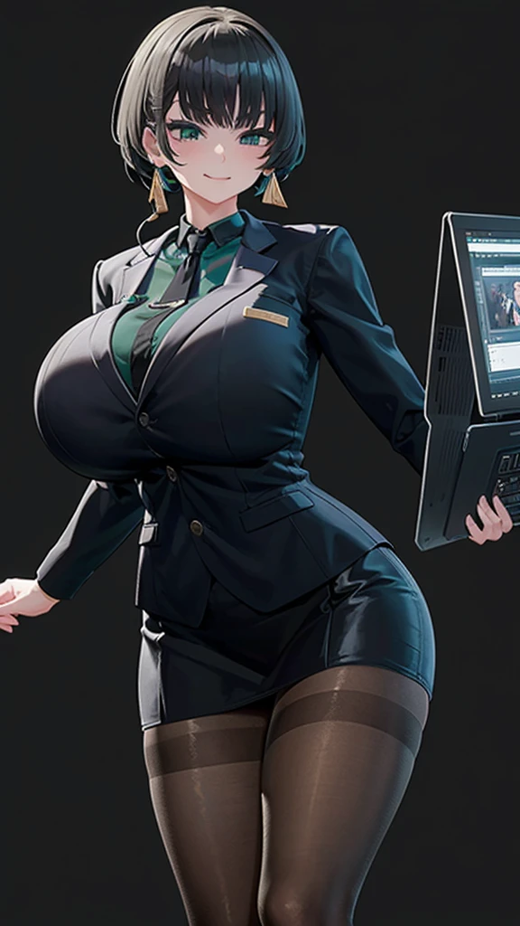 SFW, (Matte texture),　cowboy shot, 1 Secretary to support the viewer, ALLMIND, smug, naughty smile, (black hair), (short bob), earring, (green eyes), (tall and slim:1.3), (sensual body:1.25), (stocky build:1.3), (gigantic breasts), (business suit, black shirt, Fastened buttons, tight skirt, Pantyhose:1.2),  (cyberspace background), masterpiece, high quality, high detail