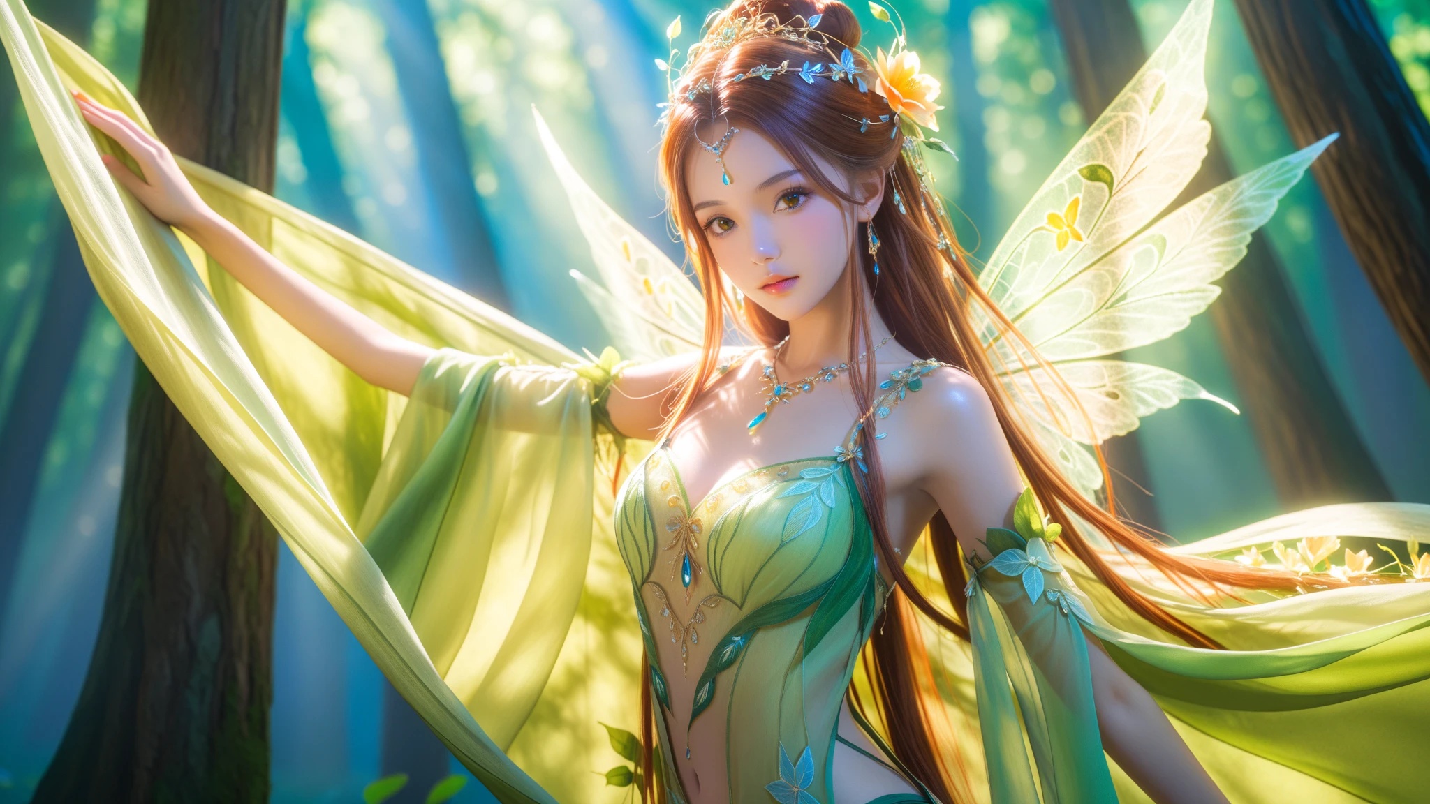 a woman in a green dress holding a flower, fey queen of the summer forest, elf queen, goddess of nature, extremely detailed artgerm, exotic fey features, style artgerm, artgerm style, artgerm detailed