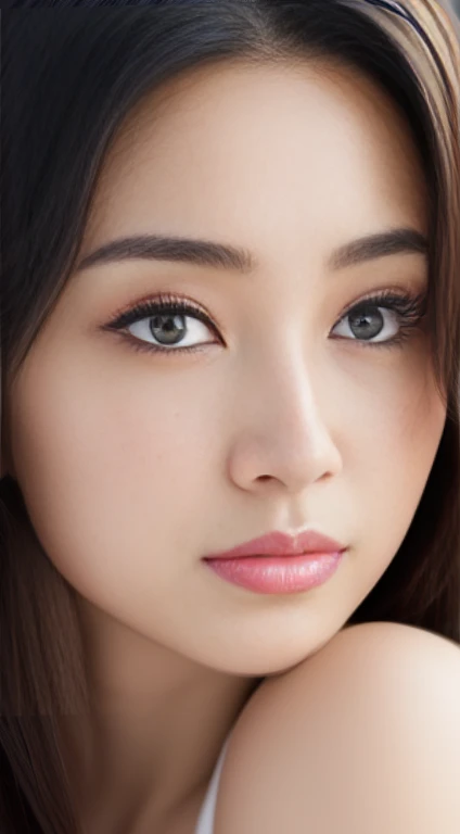 Gentle portrait of a beautiful Asian woman, flowing hair, captivating blue eyes, delicate features, radiant smile, natural makeup, elegantly dressed, gentle expression, slight blush, warm skin tones, fantastic lighting, soft shadows, high-resolution digital painting, realistic style, artistic interpretation, by a skilled portraitist.