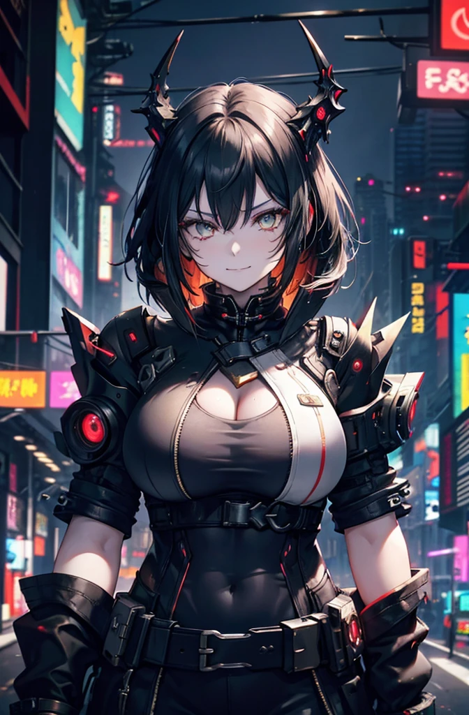 Beautiful woman, perfect eyes, looking at camera, evil smile, anti hero wearing black and red uniform, black skin,tan, short green hair, horns, (((cyberpunk city in the background))), soft bokeh of futuristic city, Intricate, High Detail, Sharp focus, dramatic and photorealistic painting art, enourmus tighs, big breast, shoulder pads, heavy chest plate, fang, giga breast