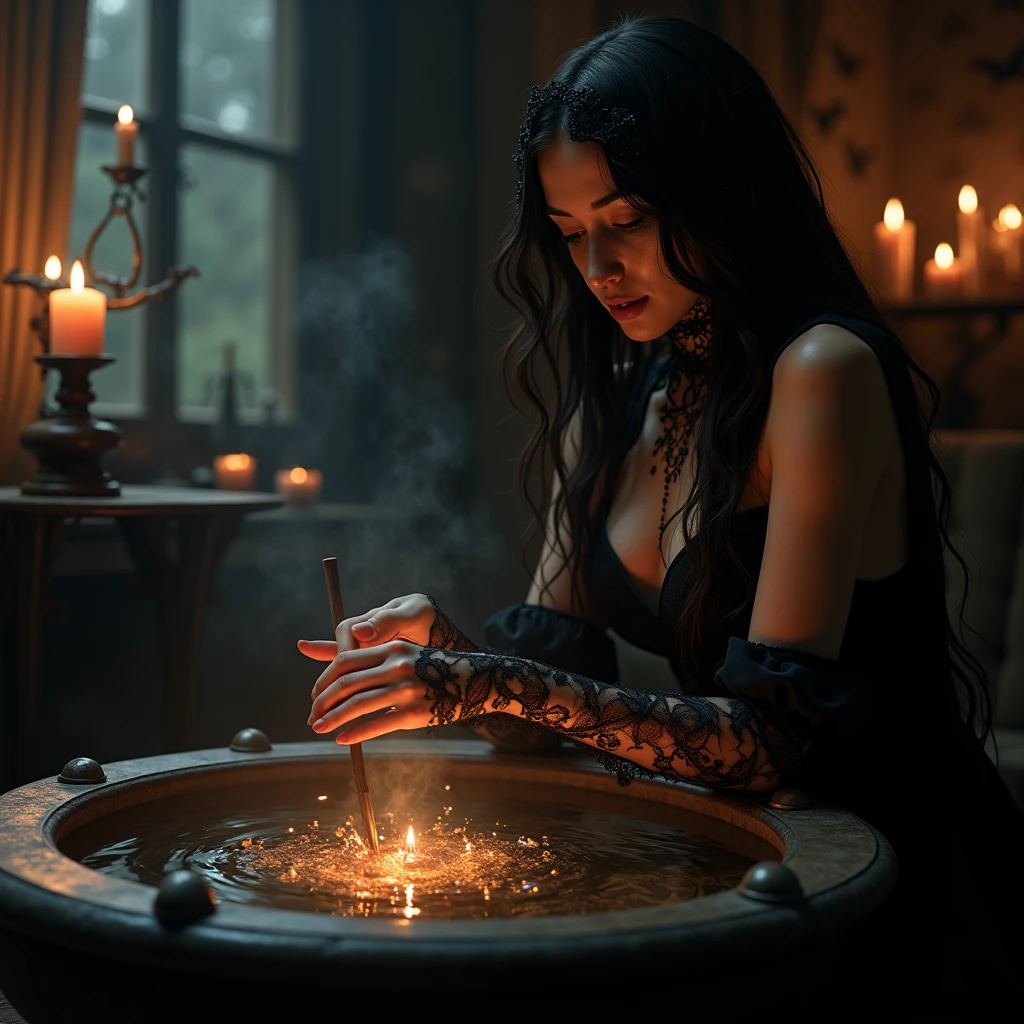 a dark witch casting a dark spell with a small cauldron on the table, behind her a demonic figure dominates the scene