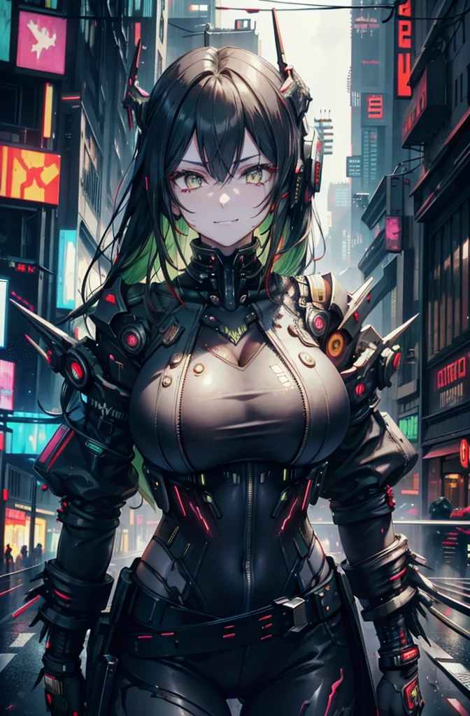 Beautiful woman, perfect eyes, looking at camera, evil smile, anti hero wearing black and red uniform, black skin,tan, short green hair, horns, (((cyberpunk city in the background))), soft bokeh of futuristic city, Intricate, High Detail, Sharp focus, dramatic and photorealistic painting art, enourmus tighs, big breast, shoulder pads, heavy chest plate, fang, giga breast