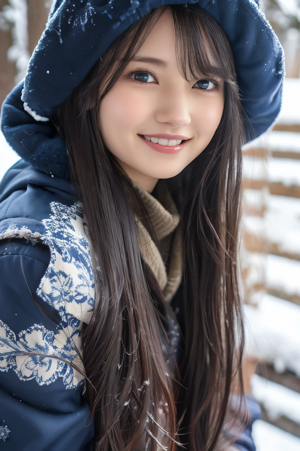 ・Women of Mucha、Photorealistic, Highly detailed face, 4K、 1girl in,   (official clothing: 1.4), Long hair, ssmile、Glamour､teeth、Patterned 、smile , beautiful , thighs、winter , cold, snow, 